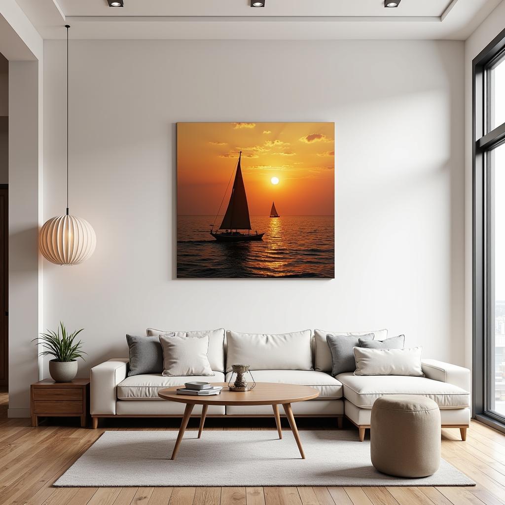 Metal boat wall art adds a coastal touch to a modern living room