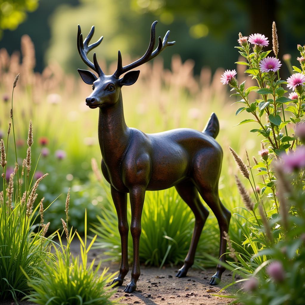 Metal Deer Lawn Art Sculpture in a Rustic Garden Setting