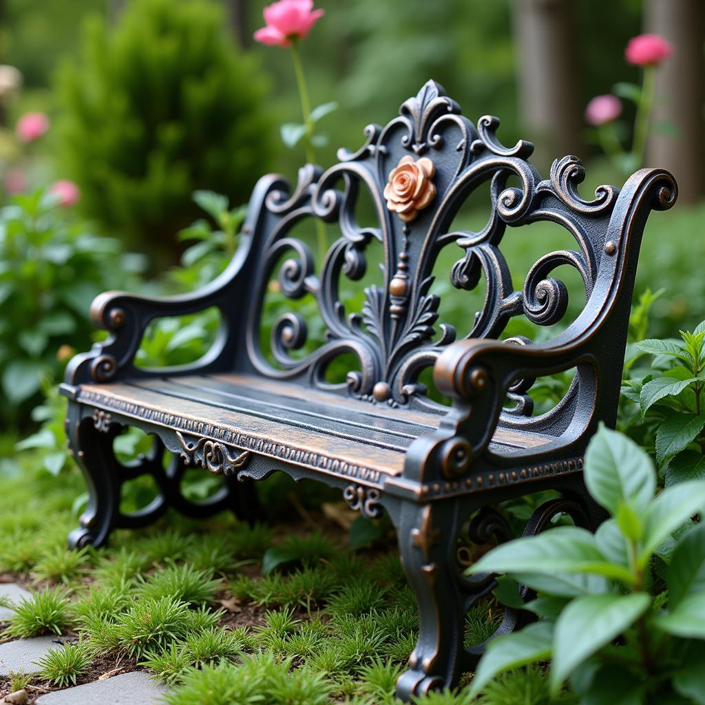 Rustic Metal Garden Bench with Floral Accents