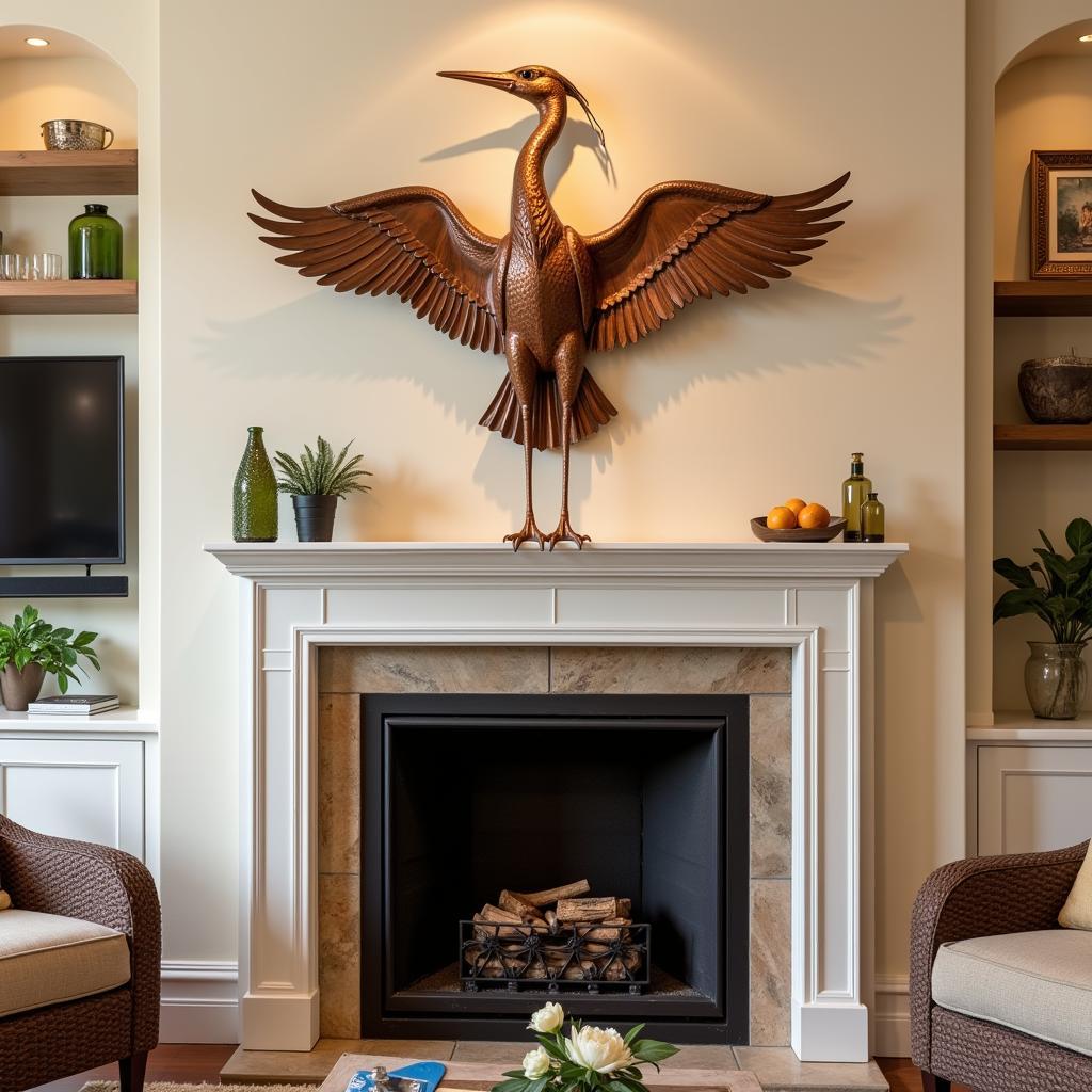 Metal heron wall art displayed above a fireplace