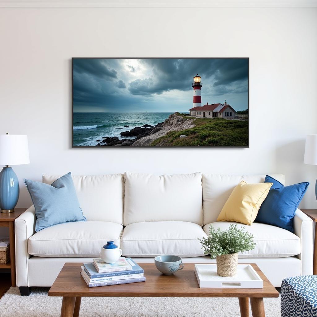 Metal Lighthouse Wall Art in Coastal Living Room