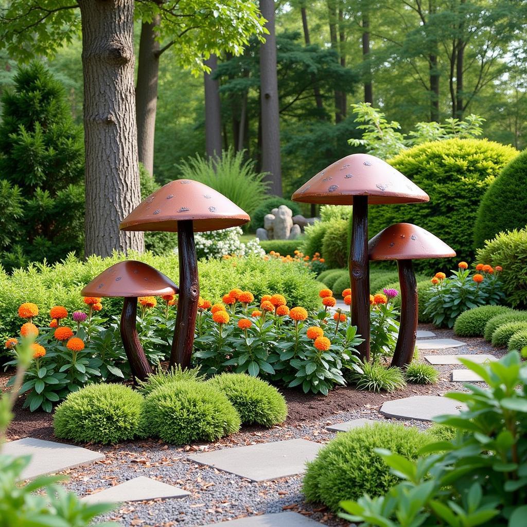 Metal Mushroom Yard Art Placement in a Garden Setting