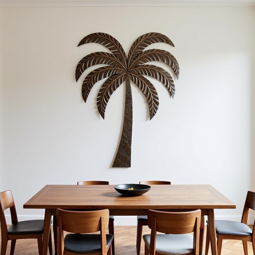 Modern dining room with metal palm tree wall art and eclectic decor