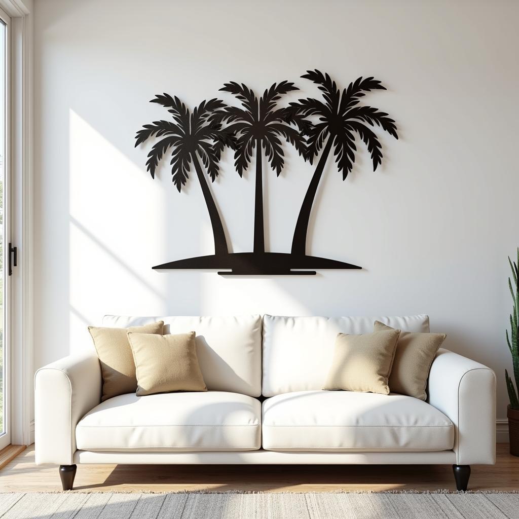 Metal palm tree wall art above a sofa in a living room