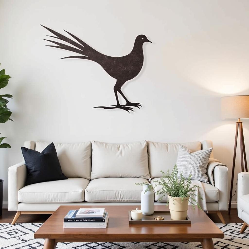 Metal quail wall art in a living room