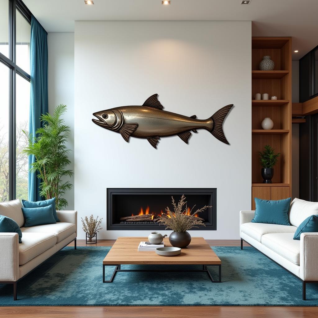 Modern Living Room with Metal Salmon Wall Art