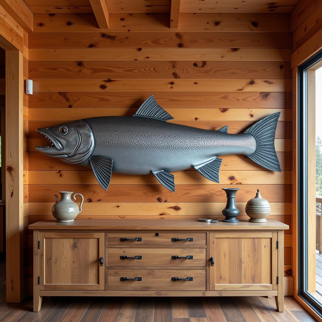 Rustic Cabin Decor with Metal Salmon Wall Art