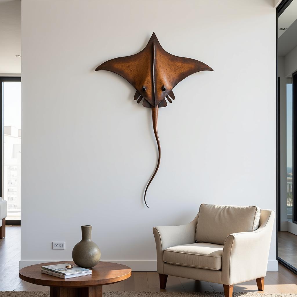 Metal stingray wall art in a modern home