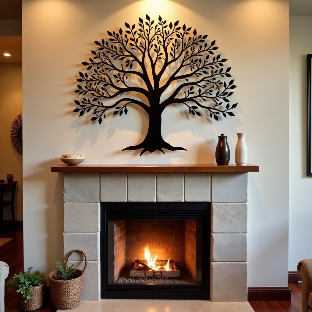 Metal Wall Art Displayed Above a Fireplace