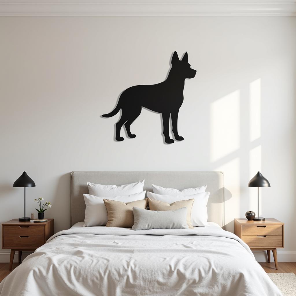 Metal wall art dog silhouette in a minimalist bedroom