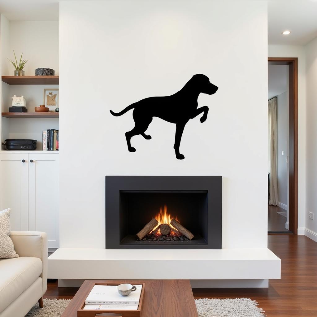 Modern metal wall art dog sculpture above a fireplace in a living room