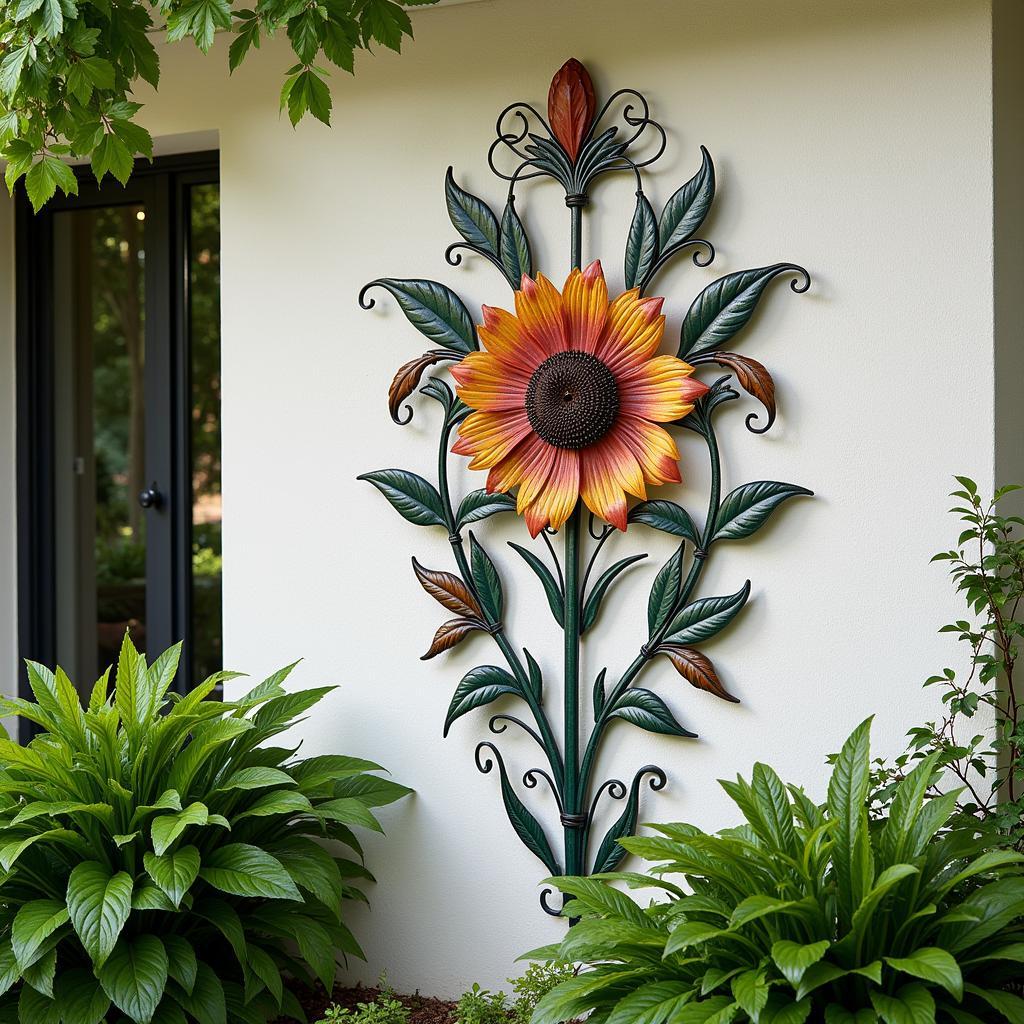 Metal wall art in a garden setting