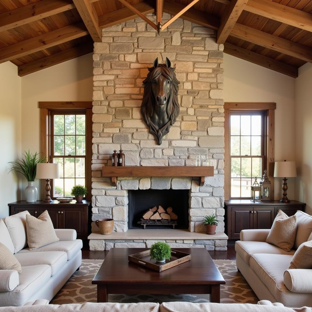 Rustic living room featuring a metal wall art horse head sculpture above the fireplace