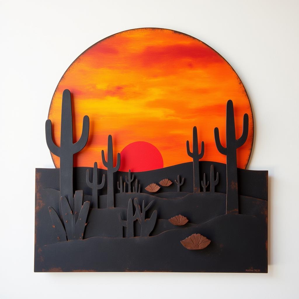 Metal wall art depicting a minimalist desert landscape with cacti and a setting sun