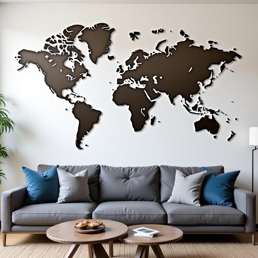 Modern living room with a large metal world map wall art above the sofa