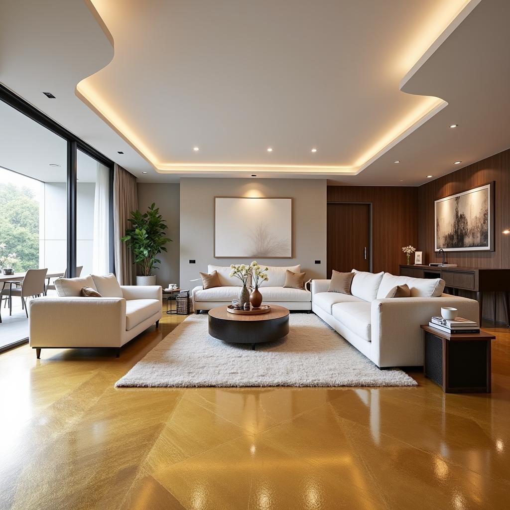 Luxury Living Room with Metallic Epoxy Floor and Gold Accents