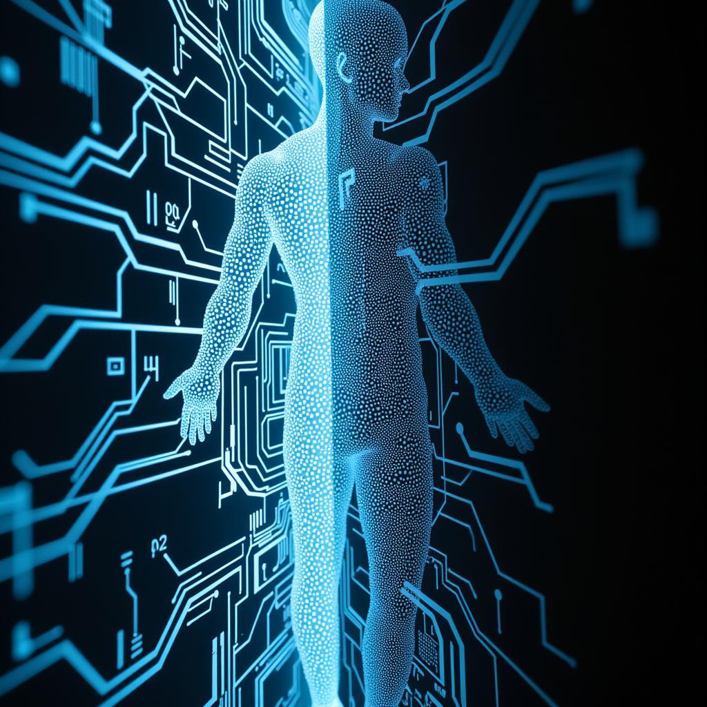 Close-up detail of Michael Dubois's artwork depicting interconnected human silhouettes and digital circuits.