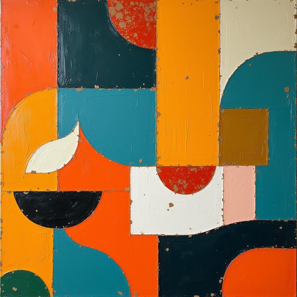 Abstract mid-century modern wall art with bold colors and organic shapes