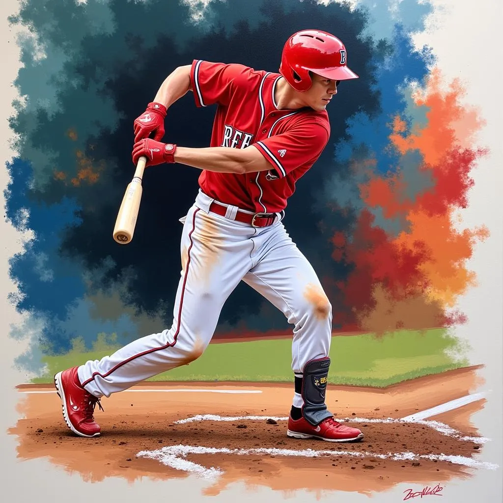 Mike Trout swinging in an oil painting