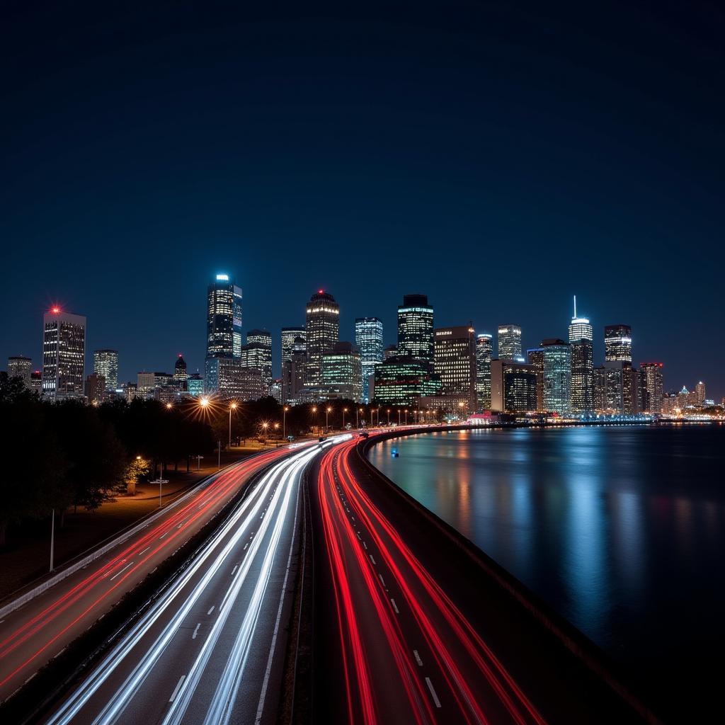 Milwaukee skyline photography at night with light trails