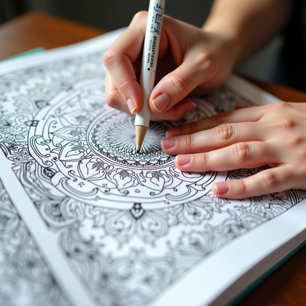 Person coloring in an adult coloring book