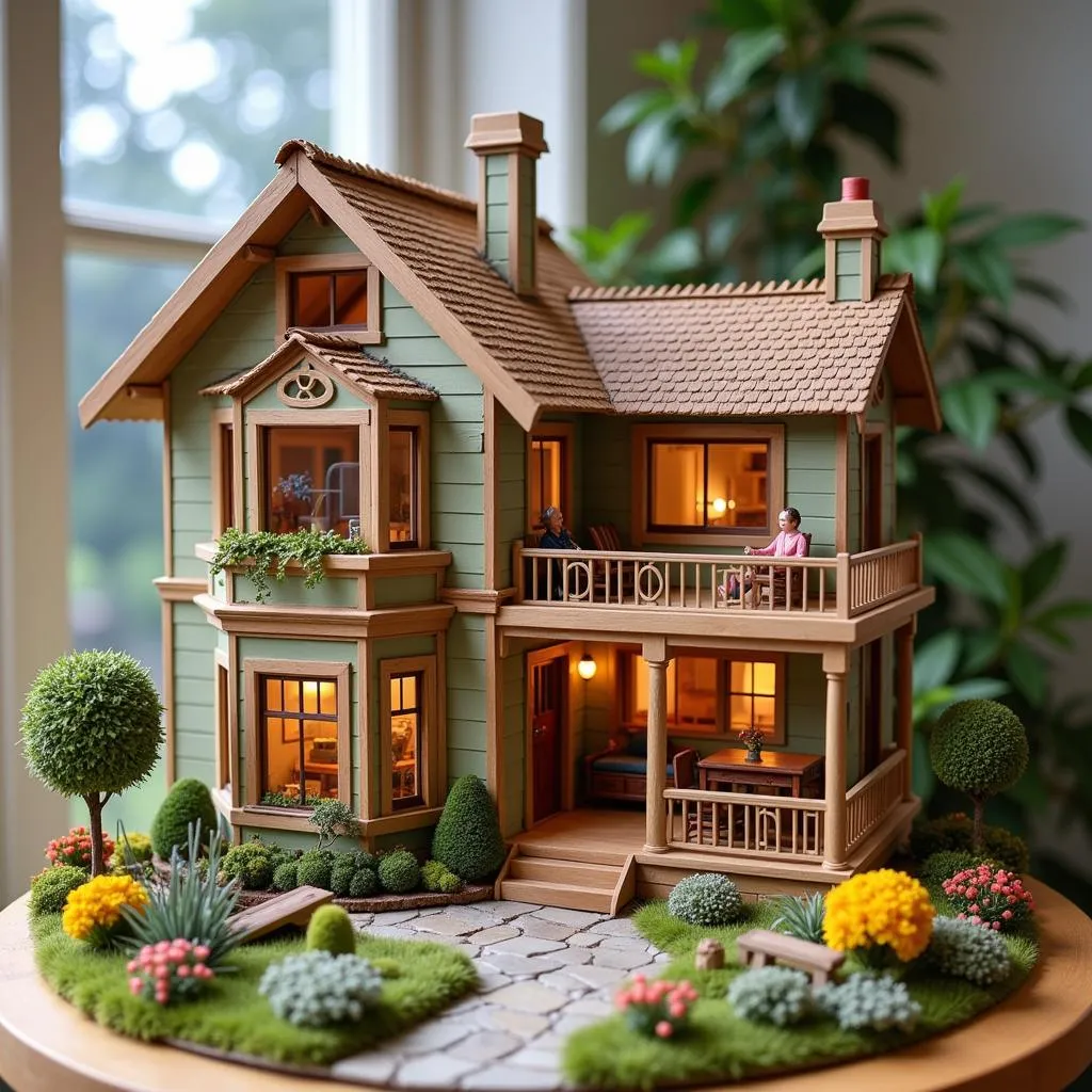 A miniature dollhouse crafted with intricate details and charming accessories.