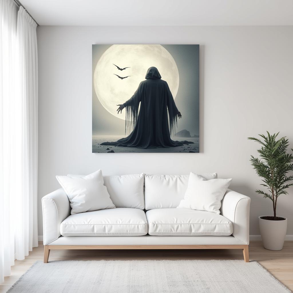 Minimalist horror wall art in a modern interior