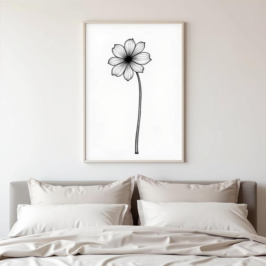 Minimalist line art canvas in a bedroom above the bed