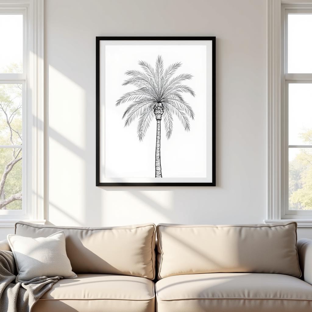 Minimalist Living Room with Large Framed Palm Tree Art