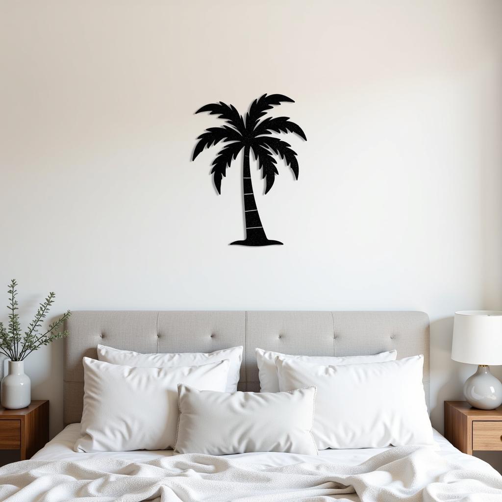 Minimalist bedroom with black metal palm tree wall art above the bed