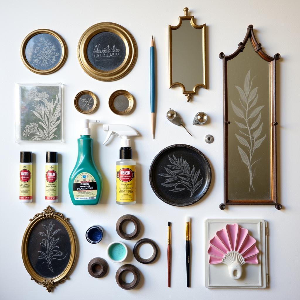 An array of essential tools and materials for mirror glass art