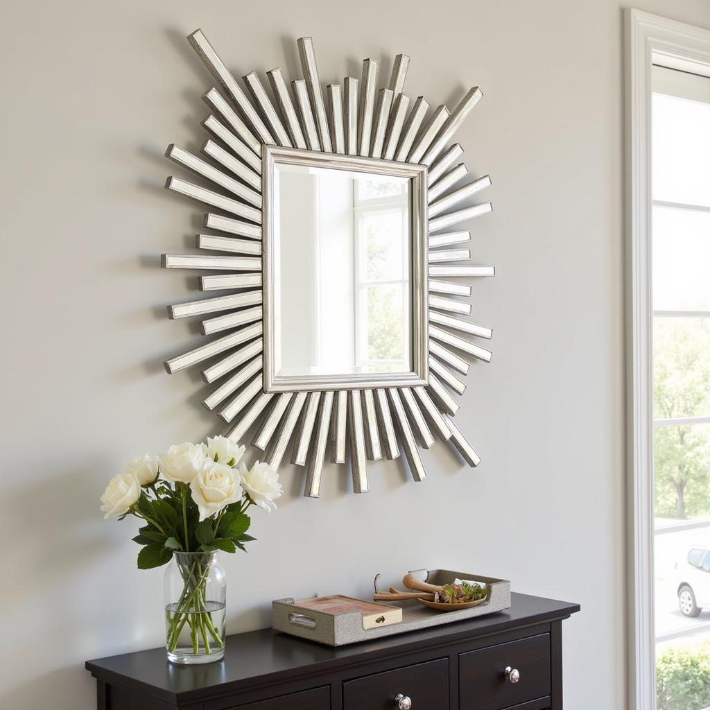 Mirrored art piece above a console table