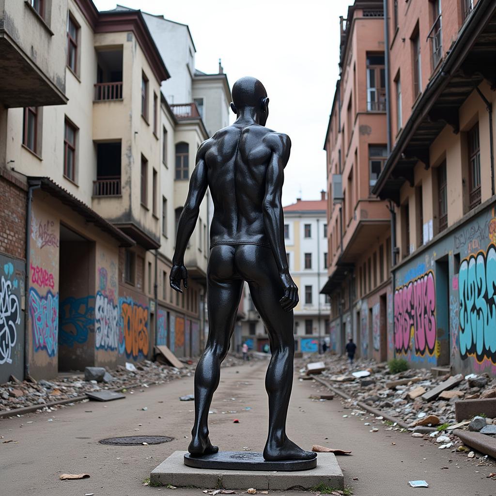 A sculpture reflecting misanthropy amidst urban decay