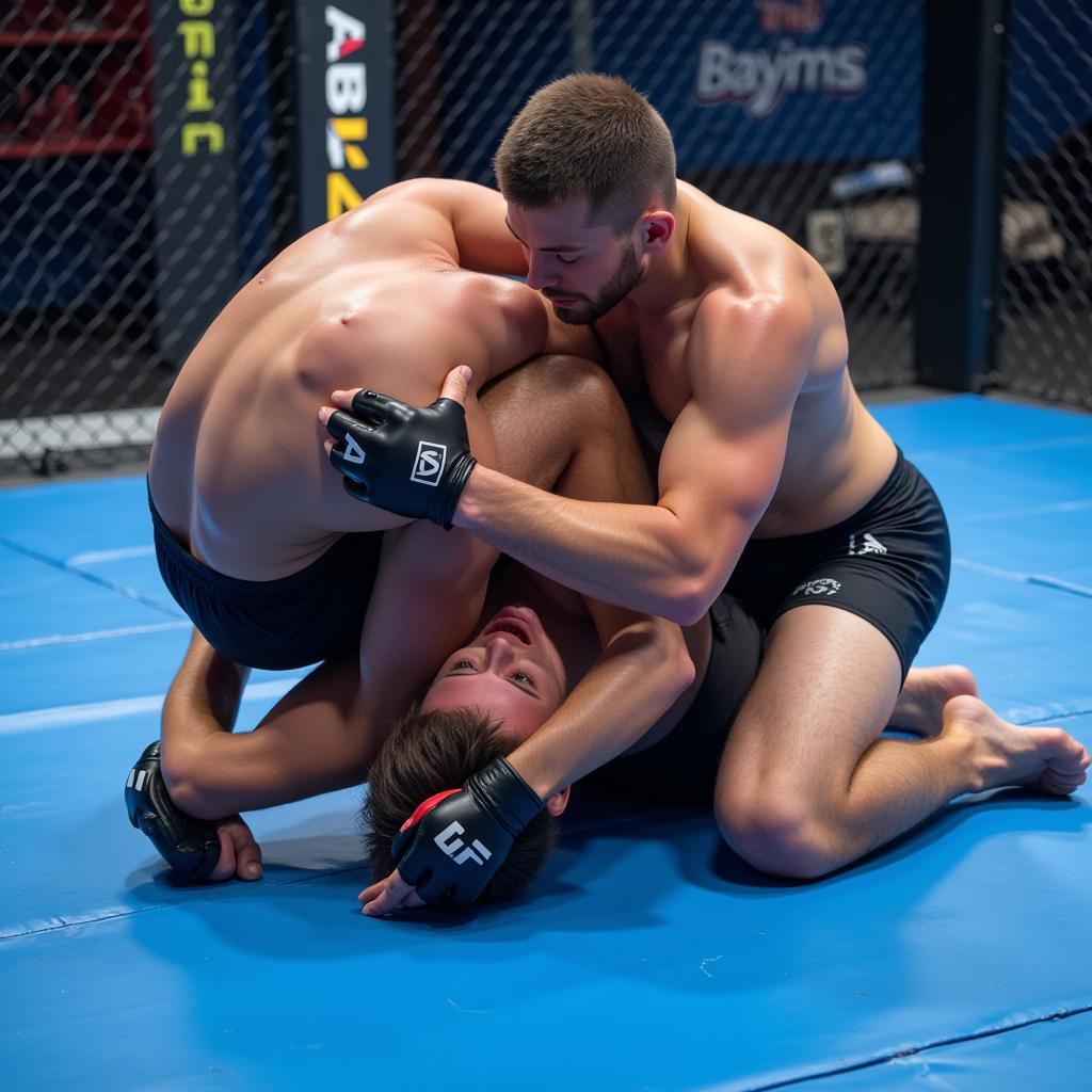 Two MMA fighters practicing a submission hold on a mat.