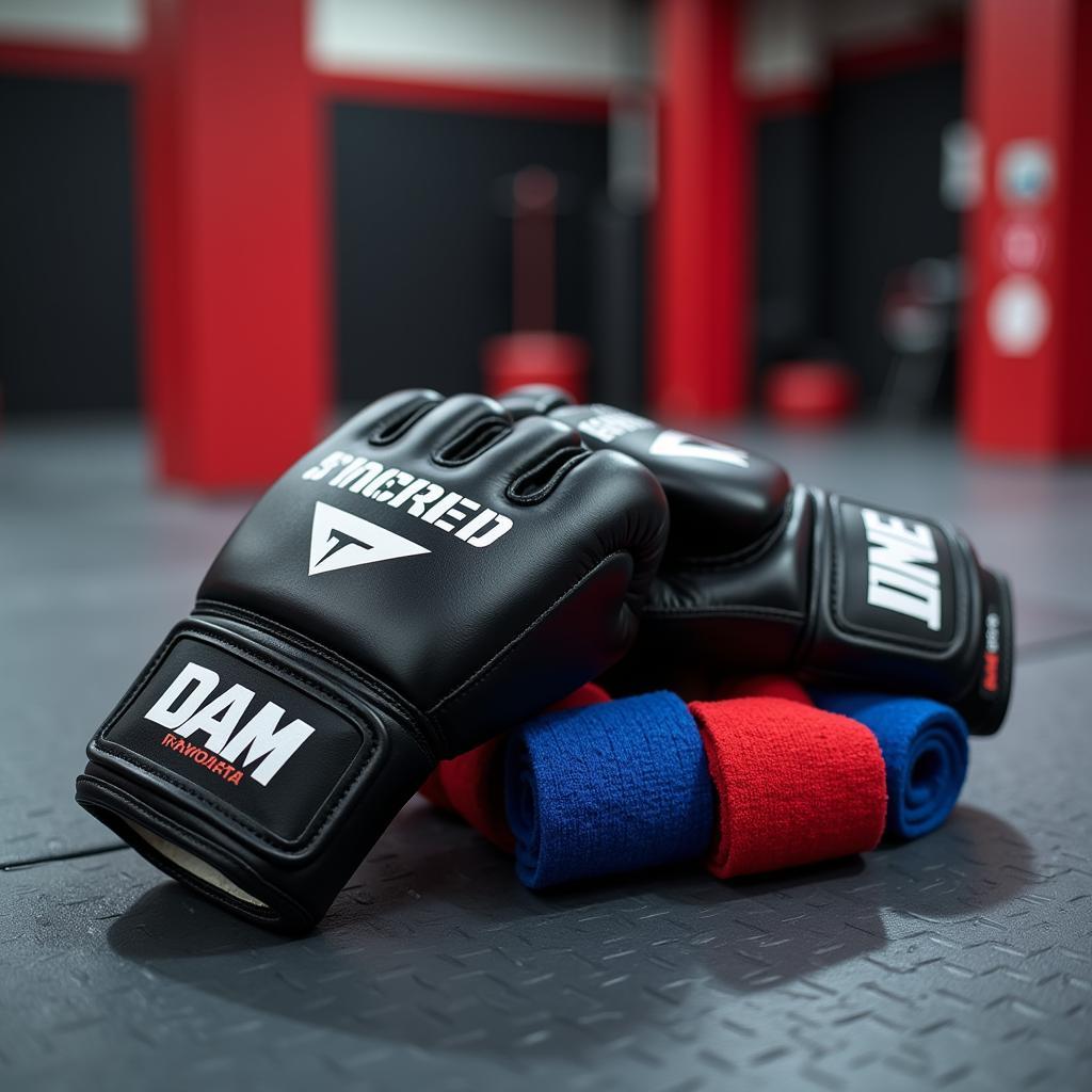 MMA gloves and hand wraps neatly arranged on a gym floor