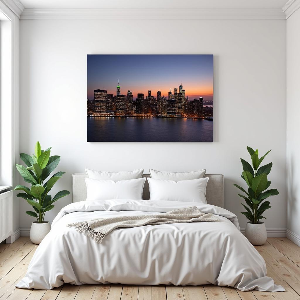 A minimalist bedroom with a New York City skyline canvas print above the bed