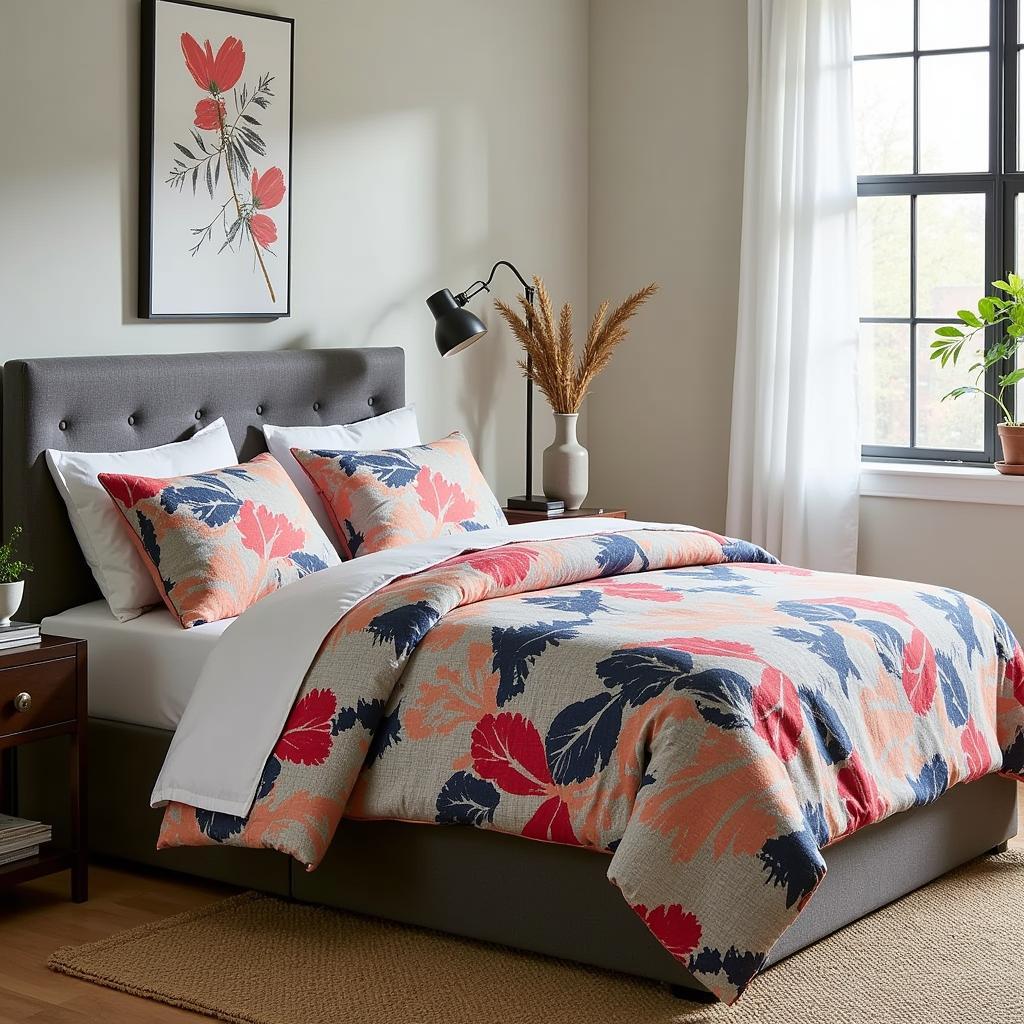 Modern bedroom featuring artistic bedding