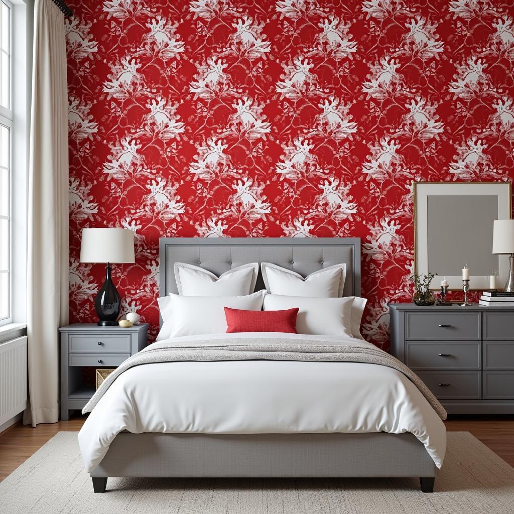 Modern Bedroom with a Red Toile Accent Wall