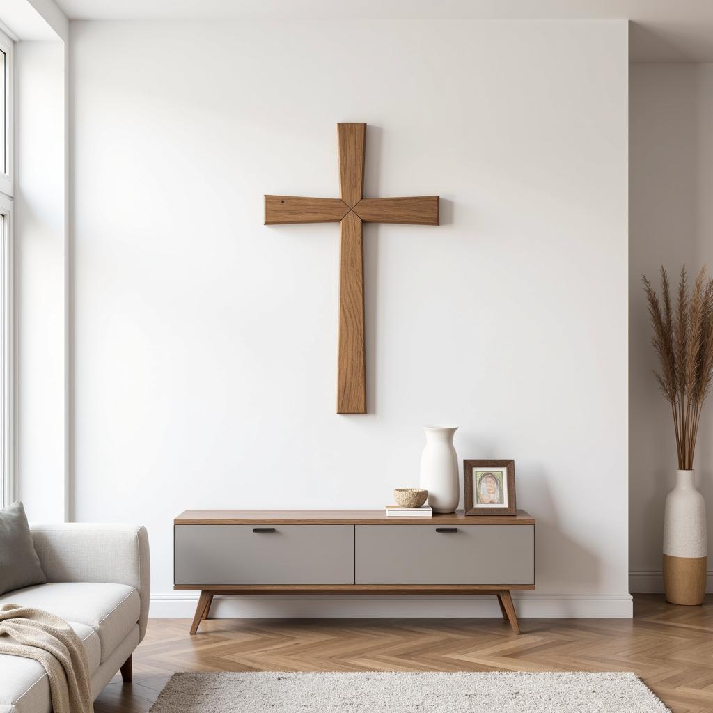 Modern Catholic Wall Art: Minimalist Cross in a Contemporary Living Room