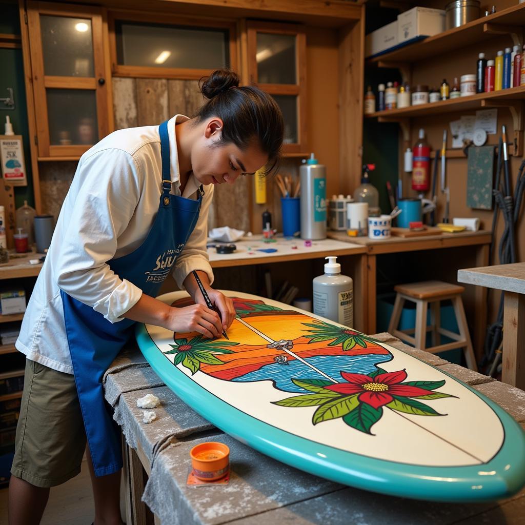 Modern Hawaiian Surfboard Artist at Work