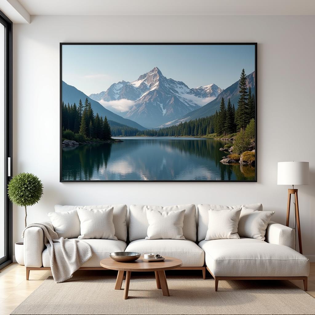 Modern Living Room with Mountain Landscape Print