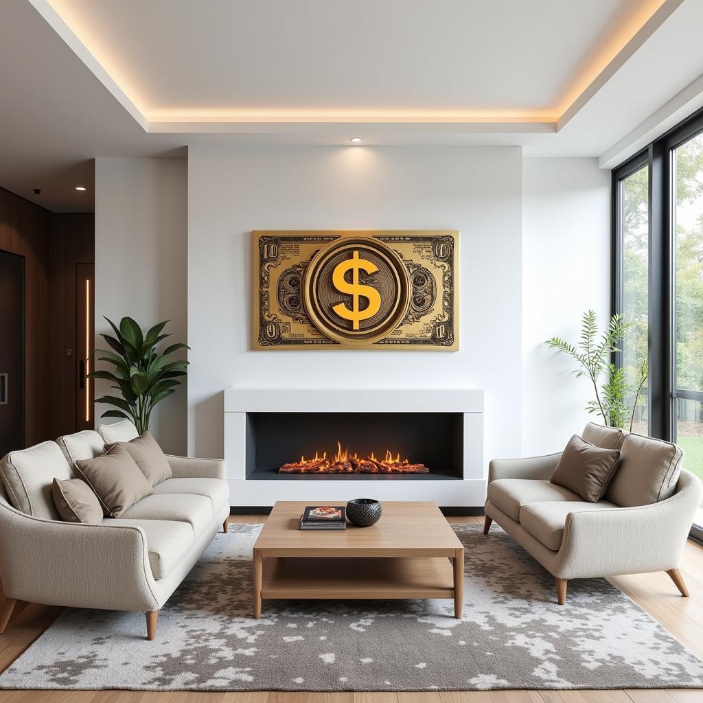 A modern living room featuring a large 3D money wall art piece as a focal point above the fireplace.