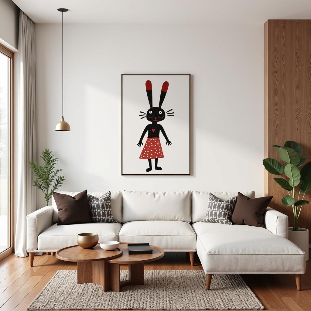 Modern living room with abstract kokopelli wall art