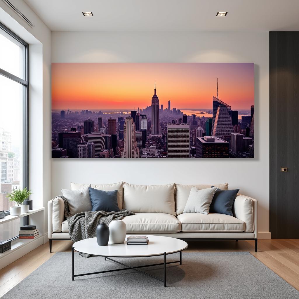 Modern living room featuring city skyline wall art