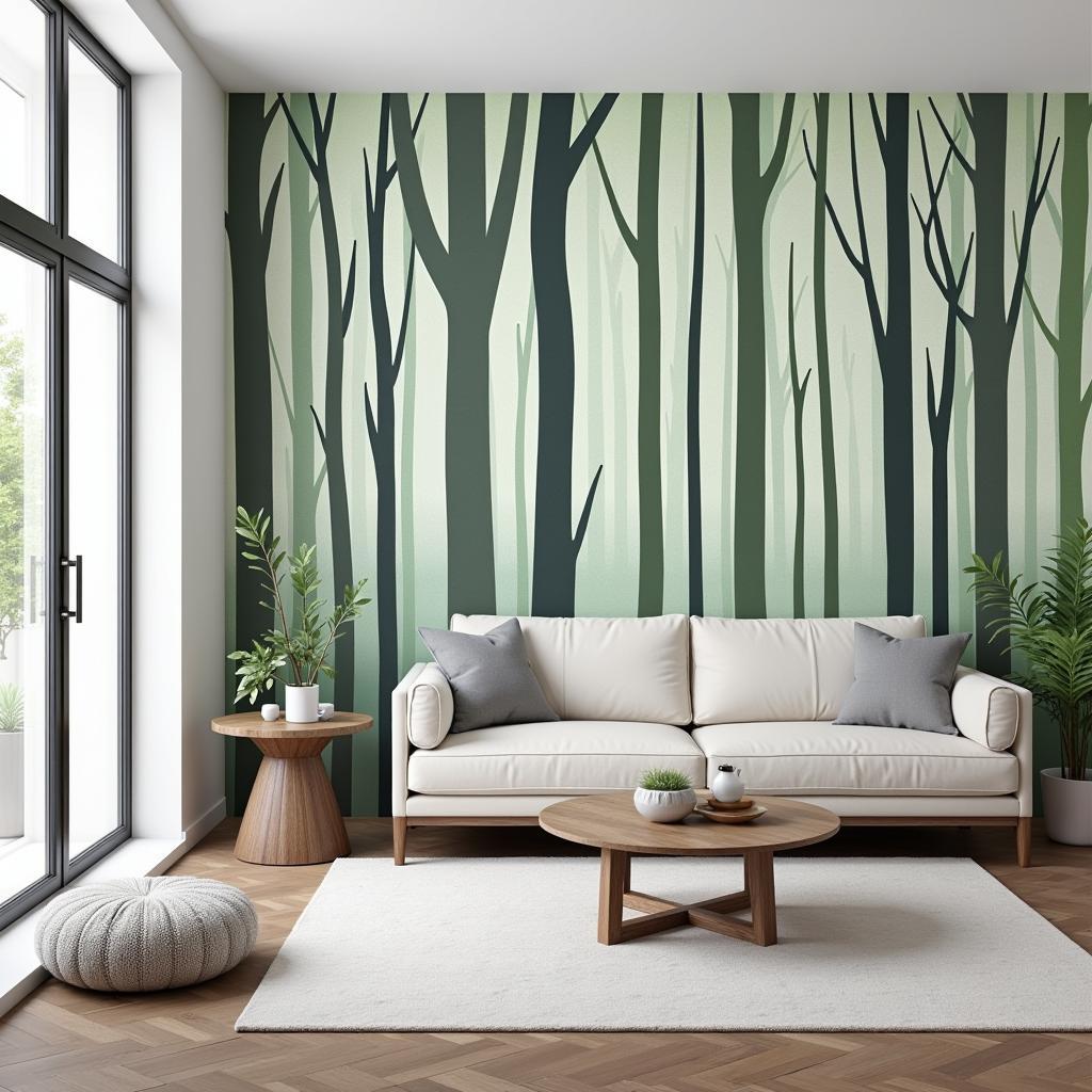 Modern Living Room with Forest Wallpaper