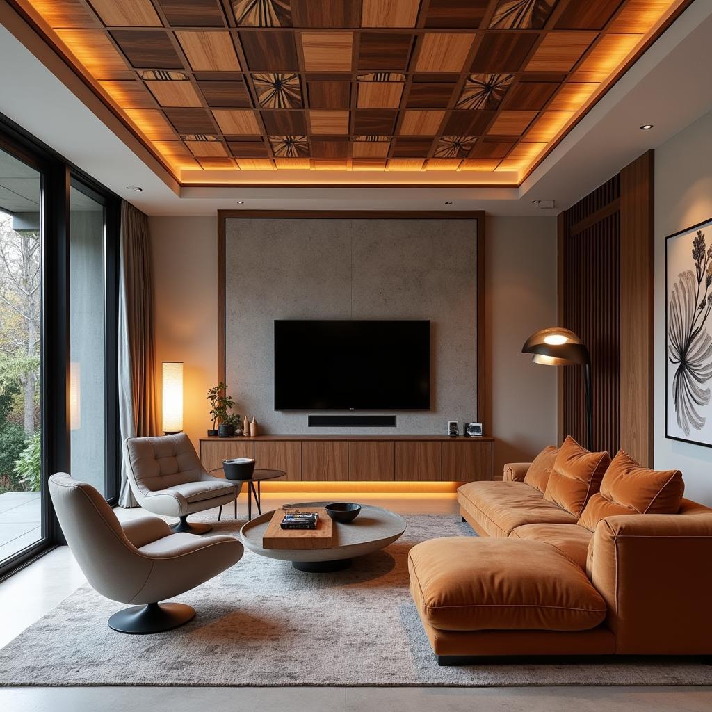 Modern living room with geometric tile ceiling