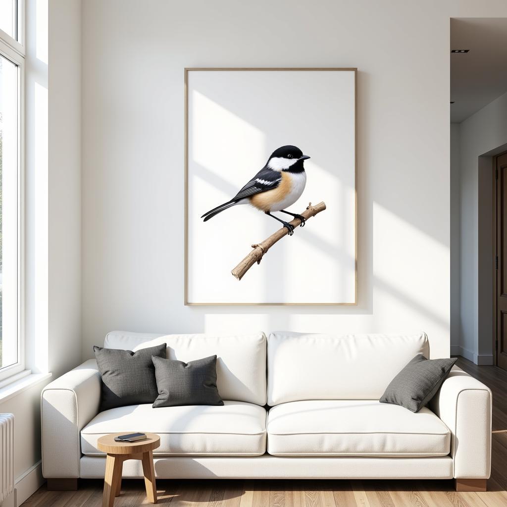 Modern living room with a large chickadee art print as a focal point