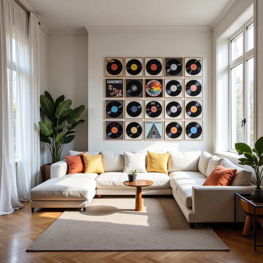 A modern living room with vinyl record wall art.