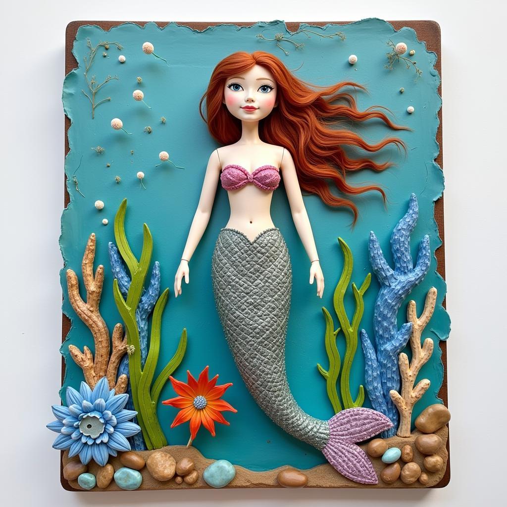 Modern mixed media art piece featuring a mermaid, incorporating recycled materials and ocean-themed elements