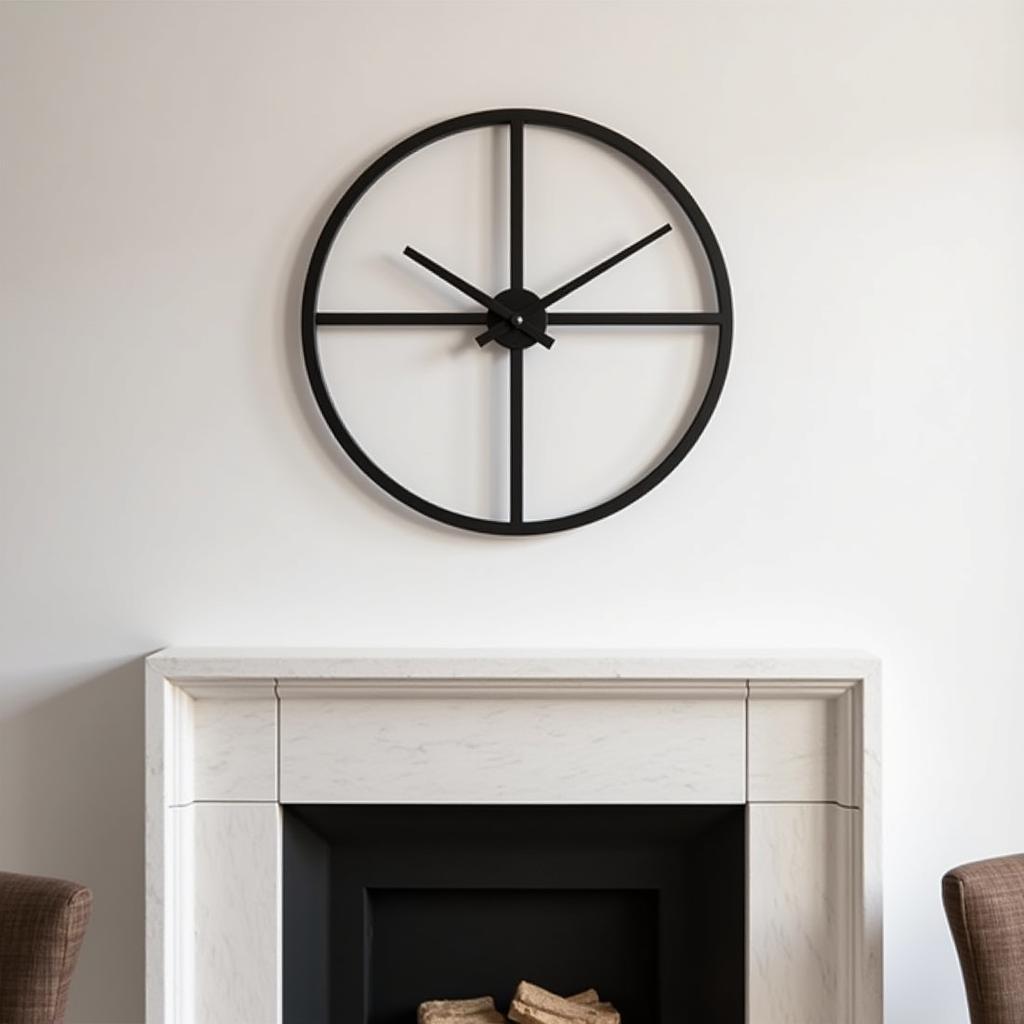 Modern metal wall clock above a fireplace mantel